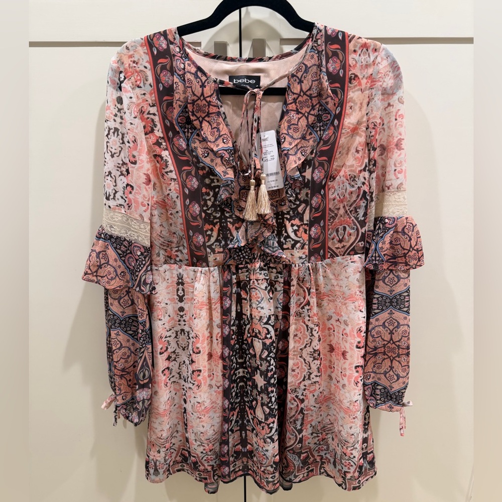bebe Boho Paisley Mini Dress Tassel Tie Pink Flowy Peasant Dress Size XS NWT